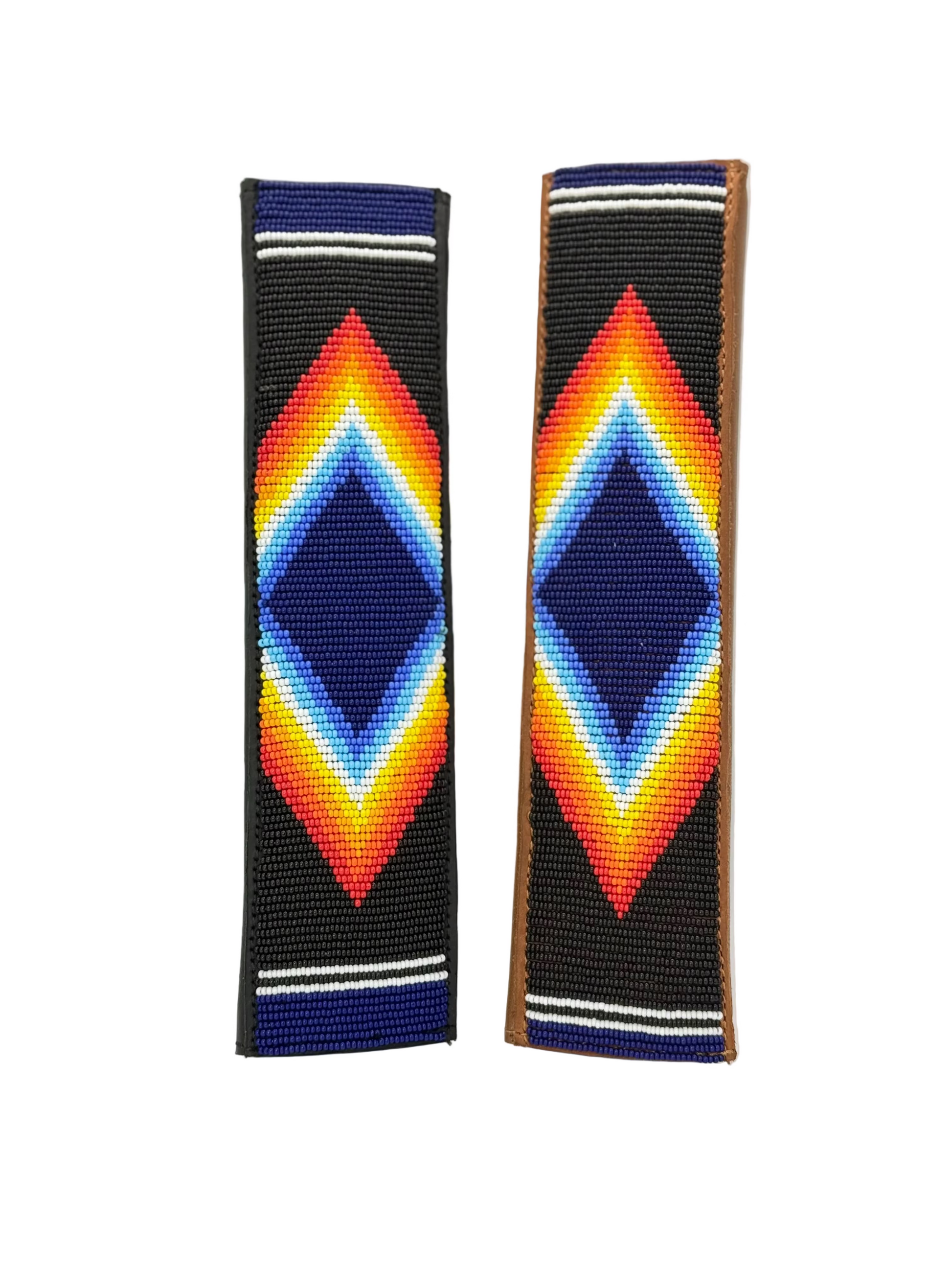 Nathez hand-beaded seat belt cover with Maasai beadwork — Kenyan leather-backed artisan car accessory