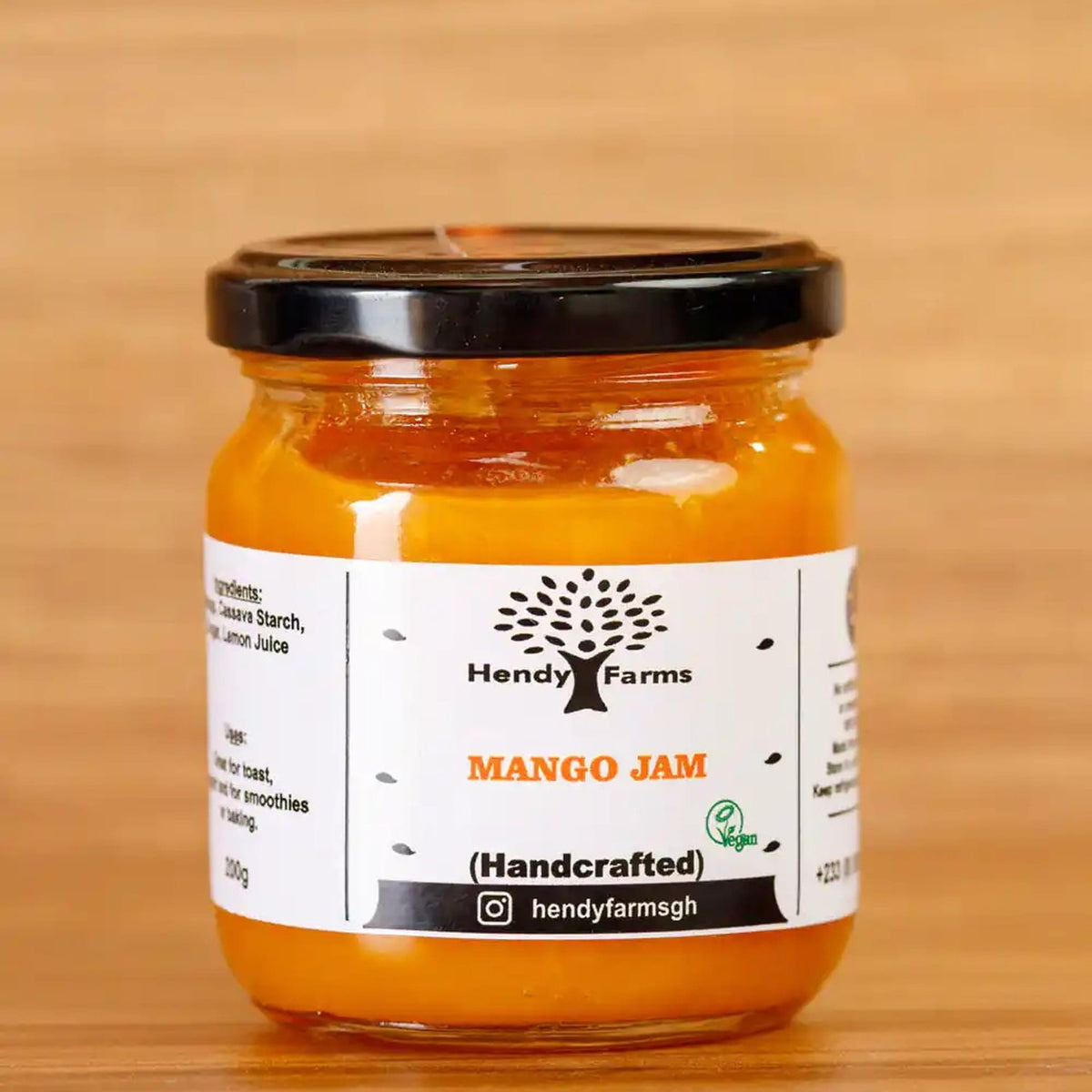 Hendy Farms handcrafted vegan mango jam in a 200g glass jar, made in Ghana