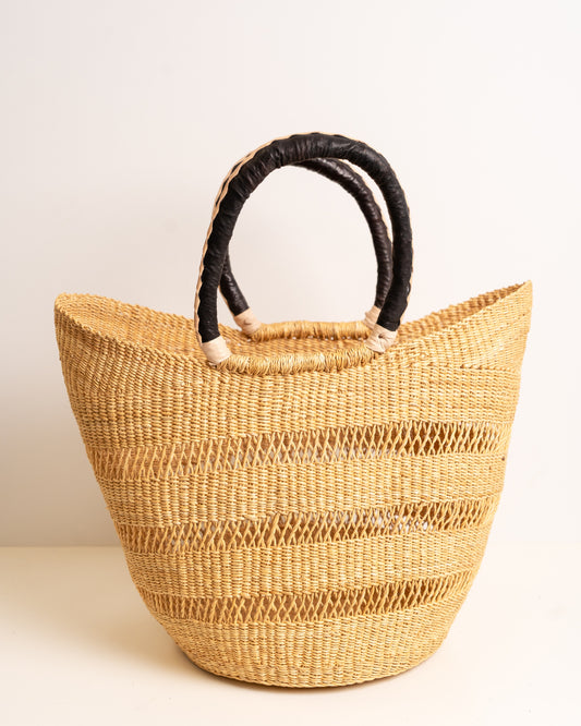 Juliana hand-woven Bolga U-shopper market basket with leather handles — ethical Ghanaian artisan basket