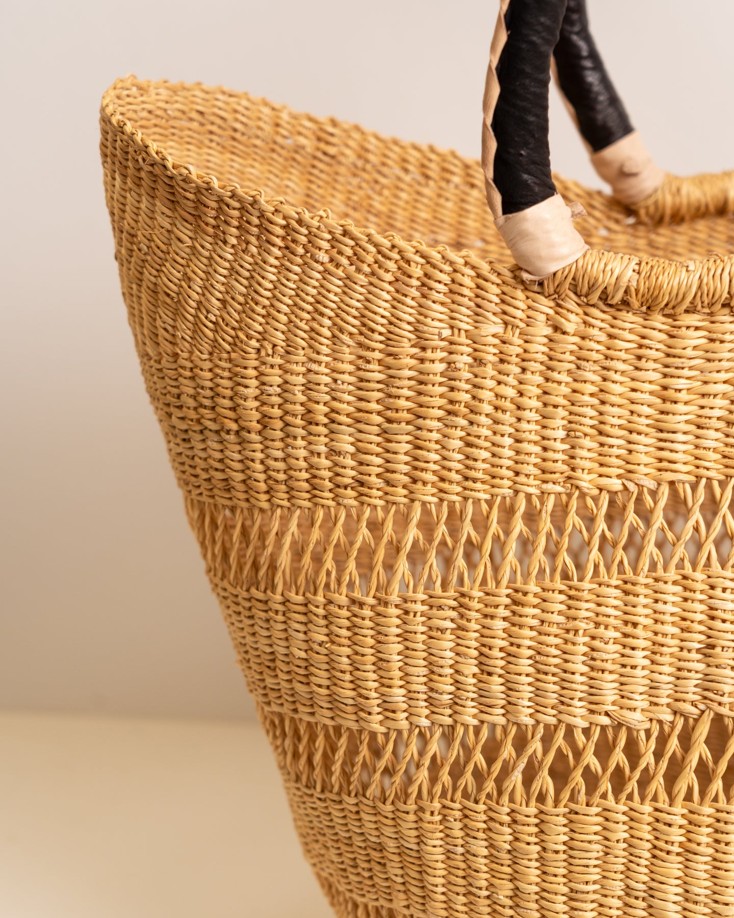 Juliana hand-woven Bolga U-shopper market basket with leather handles — ethical Ghanaian artisan basket
