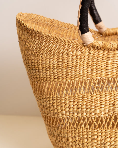 Juliana U-Shopper Bolga Basket – Handwoven African Market Basket with Leather Handles