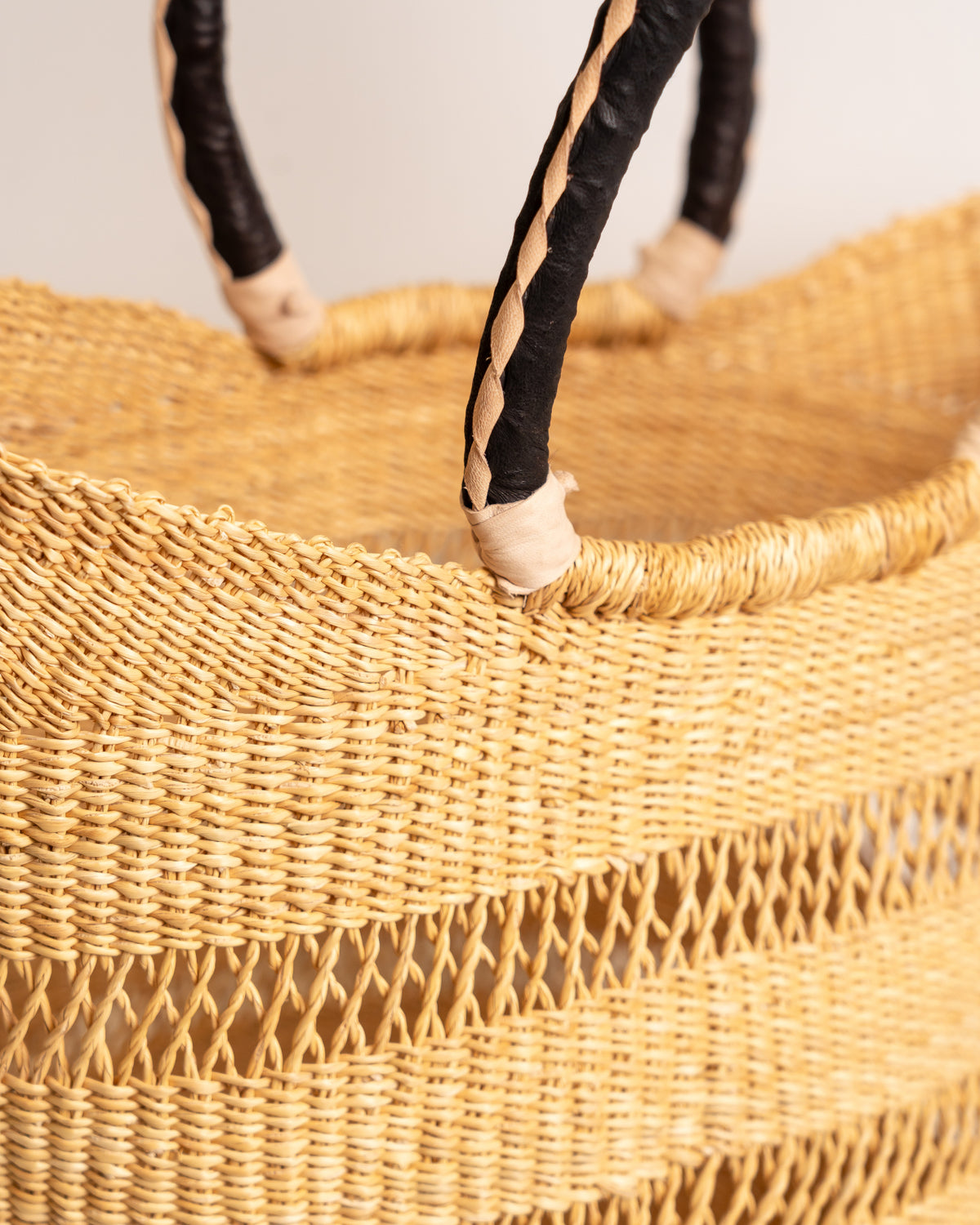 Juliana hand-woven Bolga U-shopper market basket with leather handles — ethical Ghanaian artisan basket