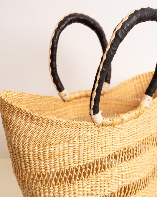 Juliana hand-woven Bolga U-shopper market basket with leather handles — ethical Ghanaian artisan basket