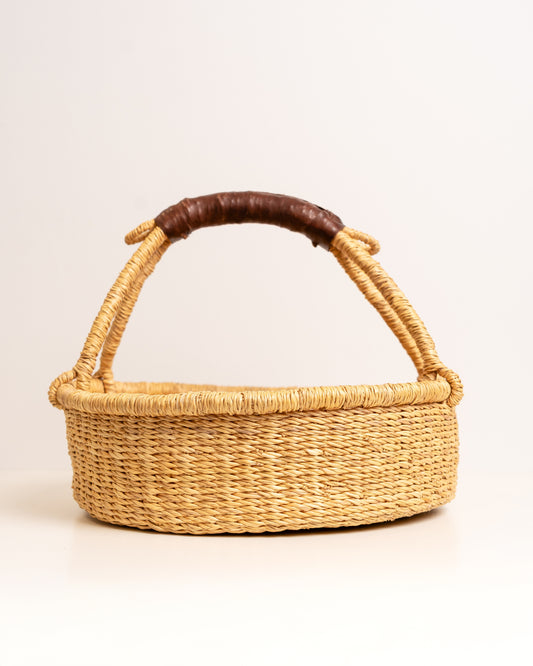 Bolga Tray Basket with Leather Handle -Dark Brown Leather