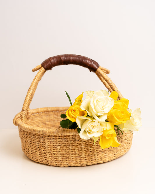 Bolga Tray Basket with Leather Handle -Dark Brown Leather