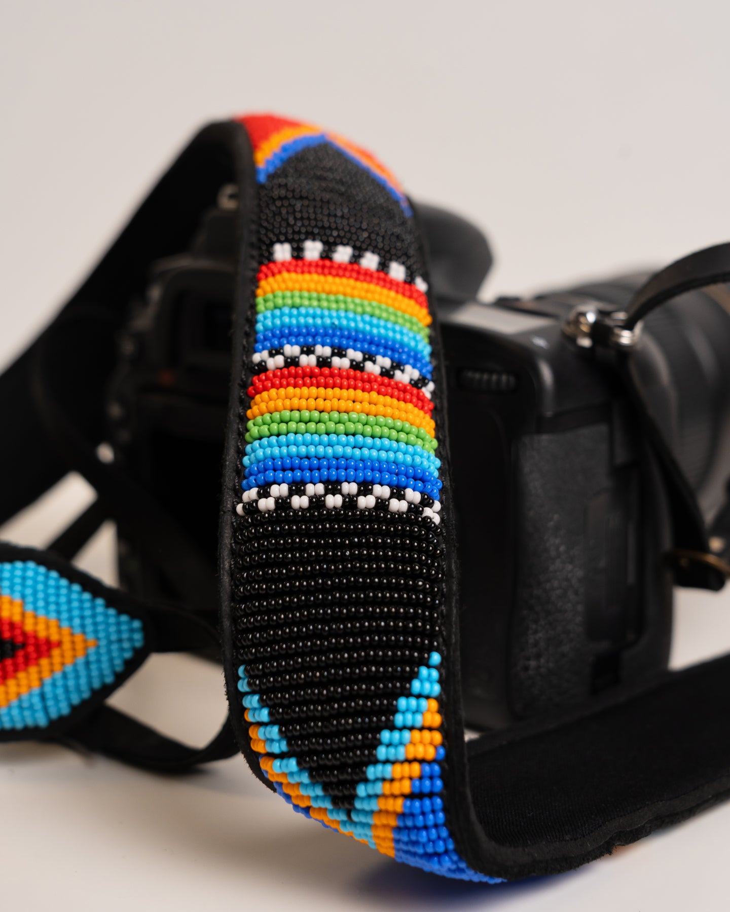 Hand-beaded leather camera strap — Kenyan Maasai artisan-made, adjustable and durable
