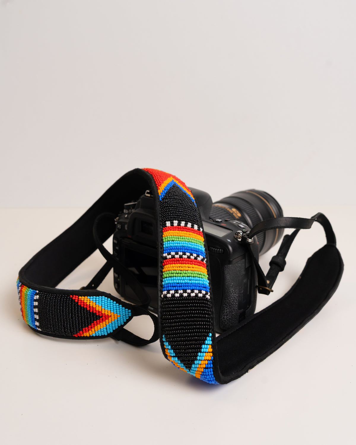 Hand-beaded leather camera strap — Kenyan Maasai artisan-made, adjustable and durable