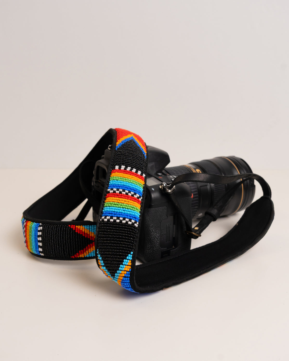 Hand-beaded leather camera strap — Kenyan Maasai artisan-made, adjustable and durable