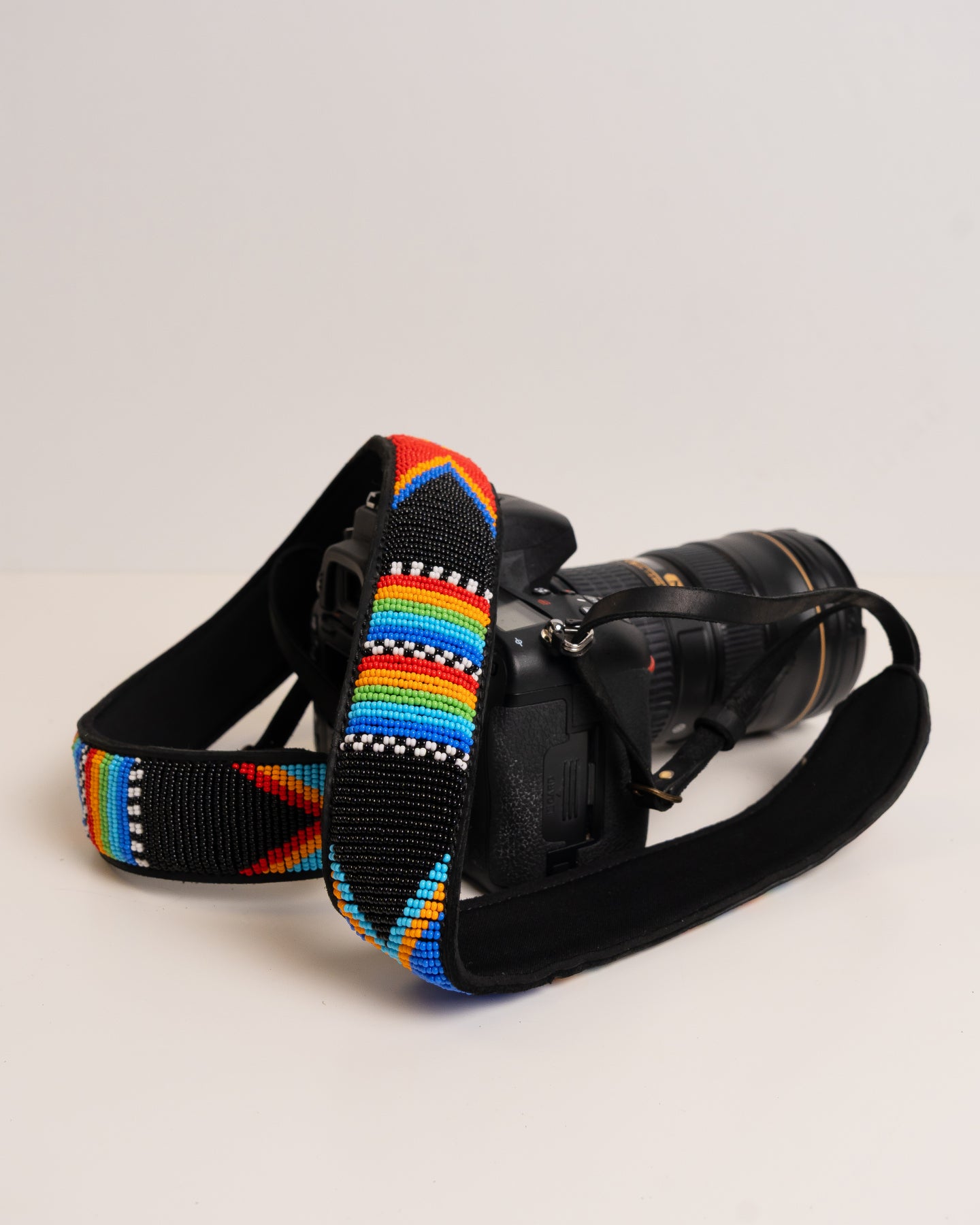 Hand-beaded leather camera strap — Kenyan Maasai artisan-made, adjustable and durable