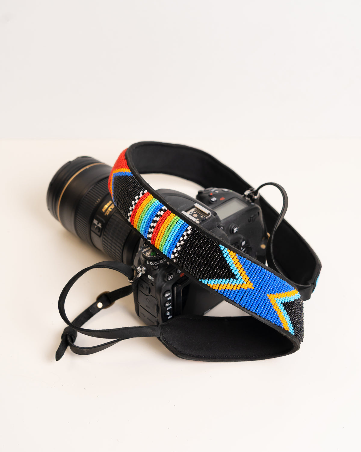 Hand-beaded leather camera strap — Kenyan Maasai artisan-made, adjustable and durable