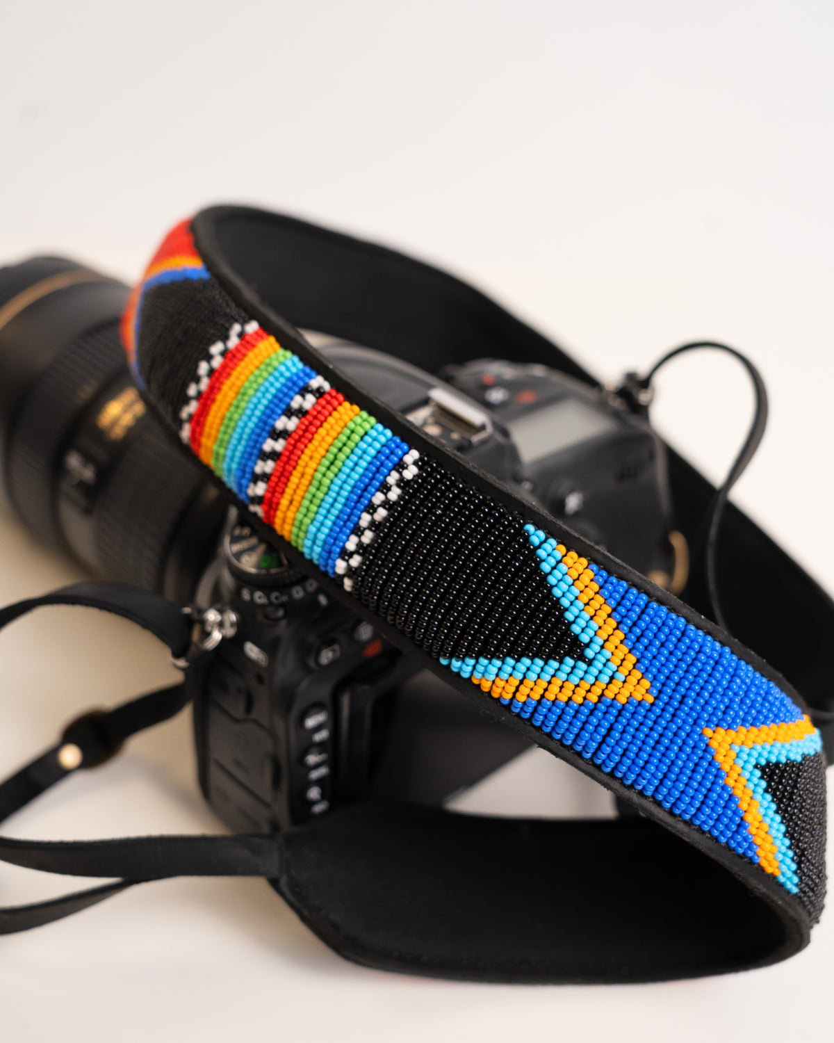 Hand-beaded leather camera strap — Kenyan Maasai artisan-made, adjustable and durable