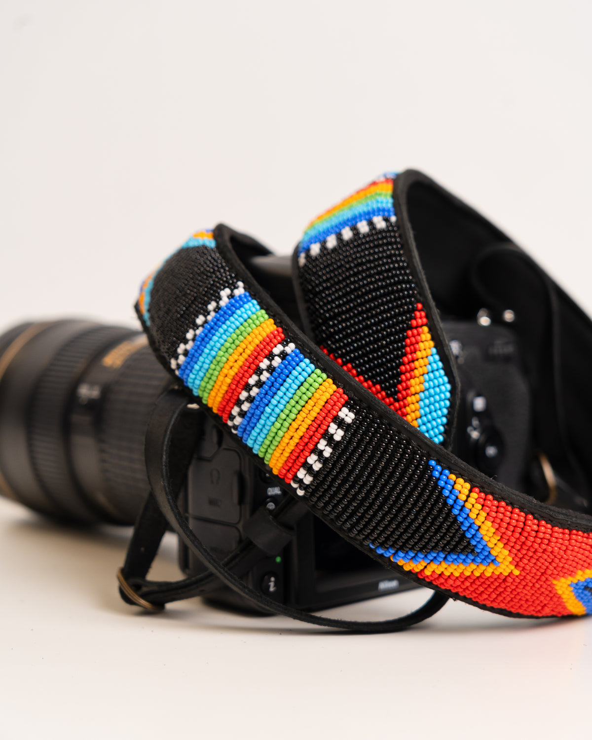Hand-beaded leather camera strap — Kenyan Maasai artisan-made, adjustable and durable