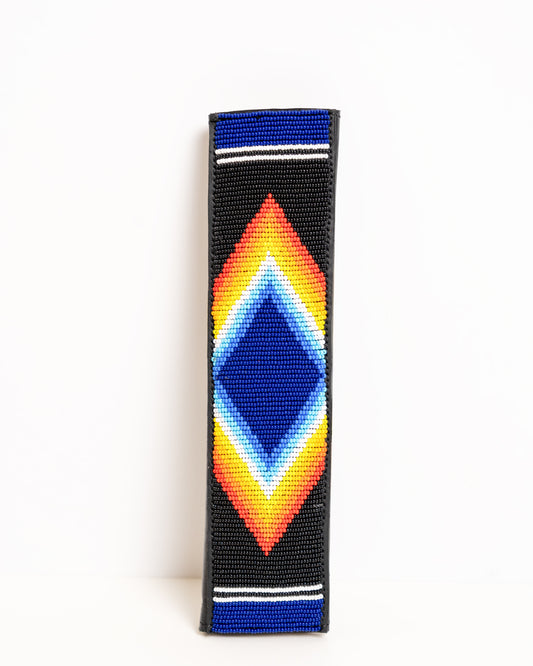 Nathez hand-beaded leather seatbelt cover — Maasai African artisan beadwork car accessory