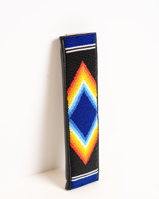 Nathez hand-beaded leather seatbelt cover — Maasai African artisan beadwork car accessory