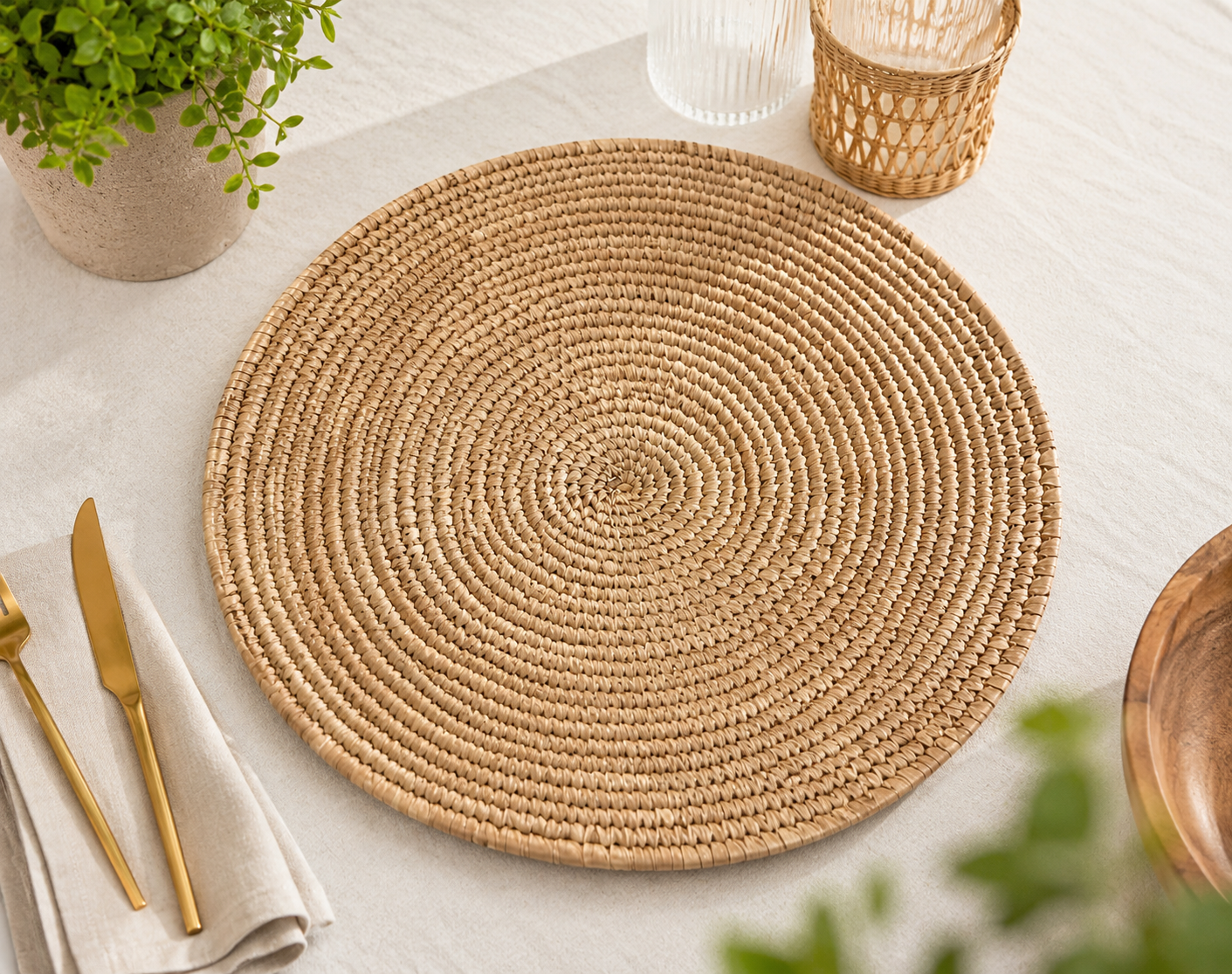A natural woven seagrass placemat displayed in a lifestyle dining setting with neutral table linens, decorative accents, and warm natural lighting