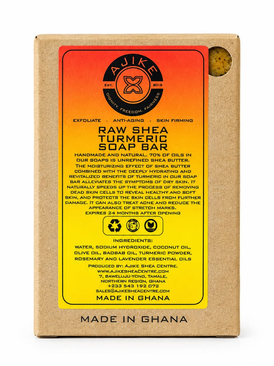 Ajike raw shea butter turmeric soap bar, 130g, made in Ghana, front of packaging