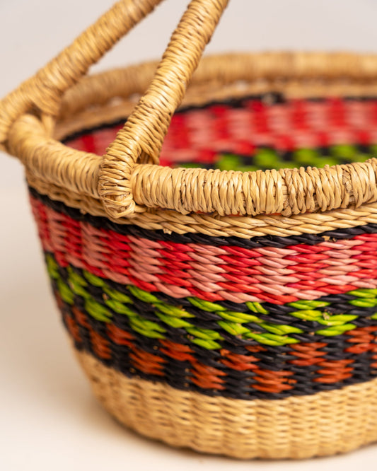 AKUA hand-woven Bolga market basket with leather handle — fair trade ethical Ghanaian elephant grass craft
