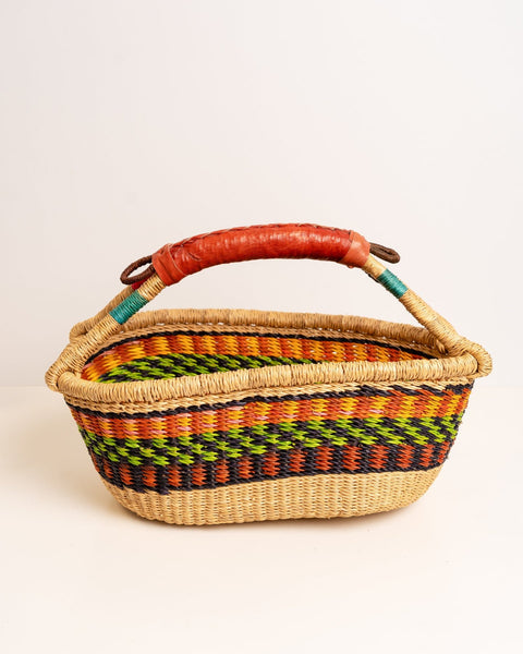 AKUA Handwoven Bolga Basket with Leather Handle – Fair Trade African Market Basket – Ghana Elephant Grass Woven - Nathez out of Africa