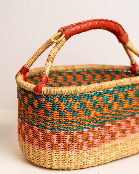 AKUA Handwoven Bolga Basket with Leather Handle – Fair Trade African Market Basket – Ghana Elephant Grass Woven - Nathez out of Africa