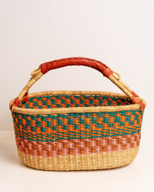 AKUA hand-woven Bolga market basket with leather handle — fair trade ethical Ghanaian elephant grass craft