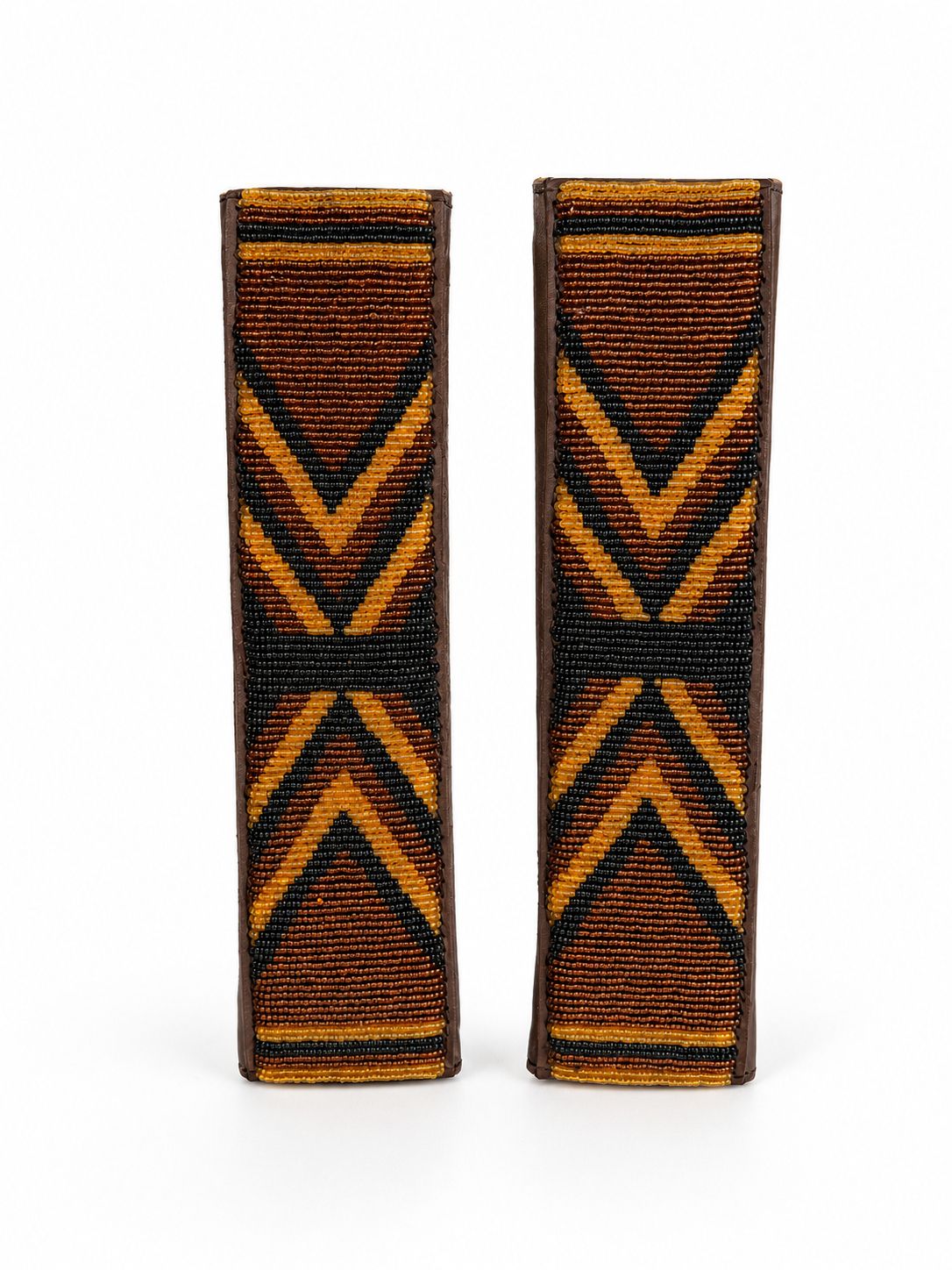 Pair of amber and black Maasai beaded seat belt covers, 2 for £90