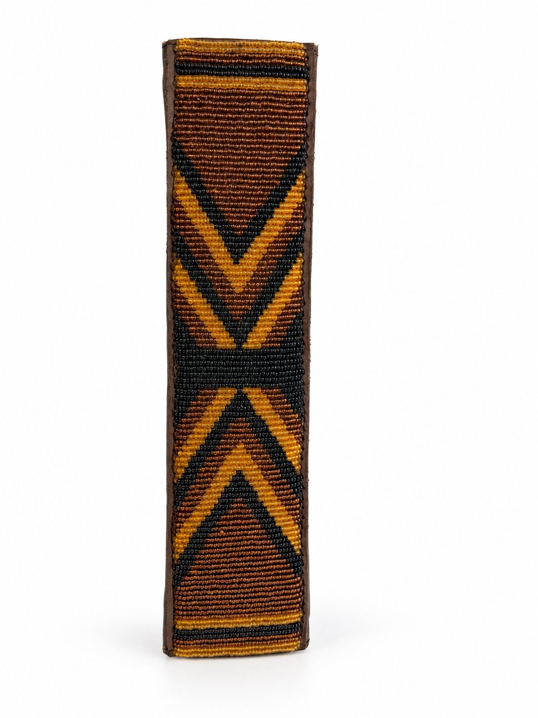 Amber and black Maasai beaded seat belt cover with crossed gold chevrons, handmade in Kenya