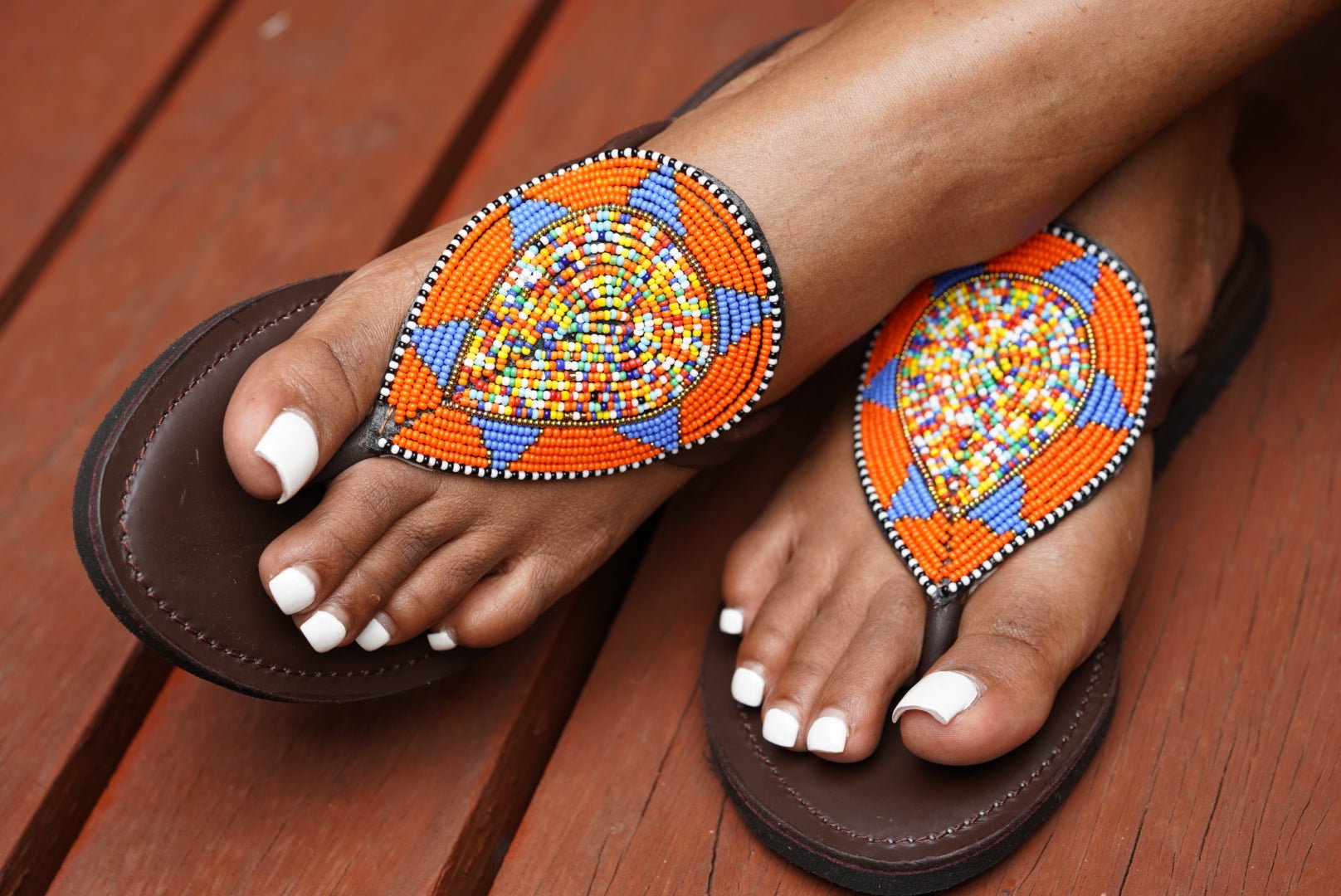 Hand-beaded Kenyan leather comfy slippers with Maasai beadwork, Ref 2960 — handcrafted in Kenya