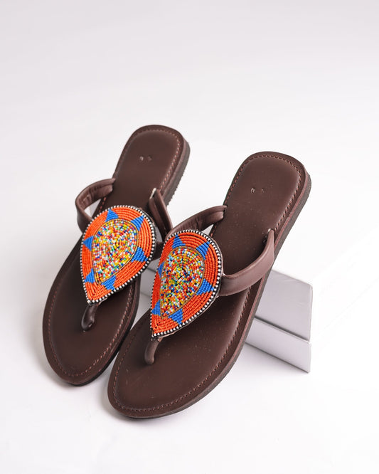 Hand-beaded Kenyan leather comfy slippers with Maasai beadwork, Ref 2960 — handcrafted in Kenya