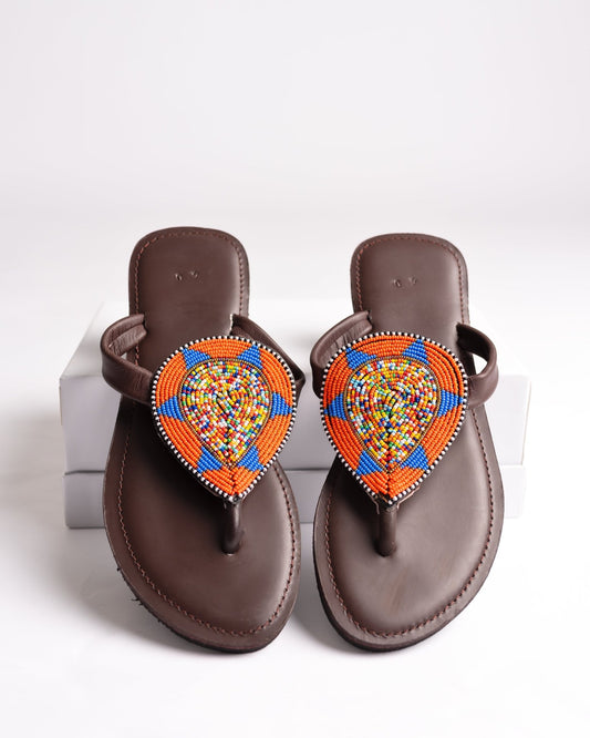 Hand-beaded Kenyan leather comfy slippers with Maasai beadwork, Ref 2960 — ethically handcrafted in Kenya
