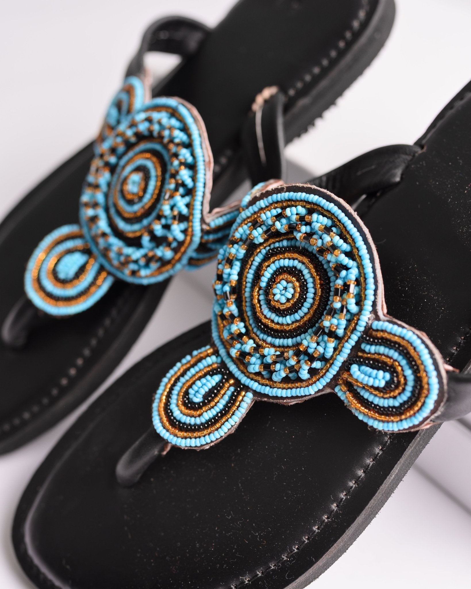 Hand-beaded Kenyan leather comfy slippers with Maasai beadwork, Ref 2977 — handcrafted in Kenya
