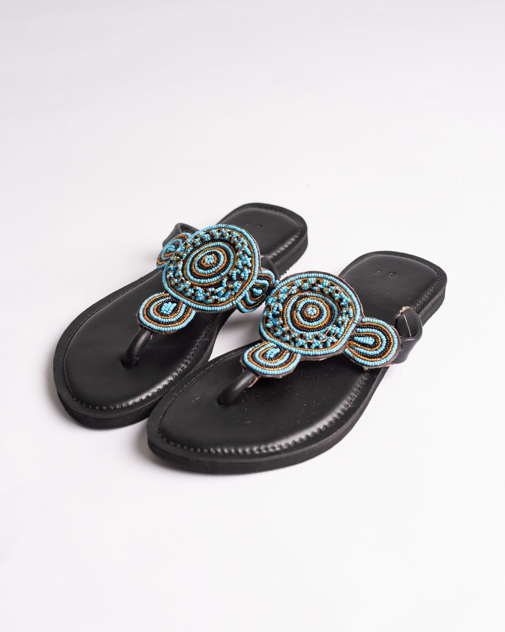 Hand-beaded Kenyan leather comfy slippers with Maasai beadwork, Ref 2977 — handcrafted in Kenya