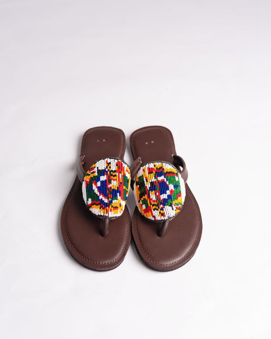Hand-beaded Kenyan leather comfy slippers with Maasai beadwork, Ref 3001 — handcrafted in Kenya