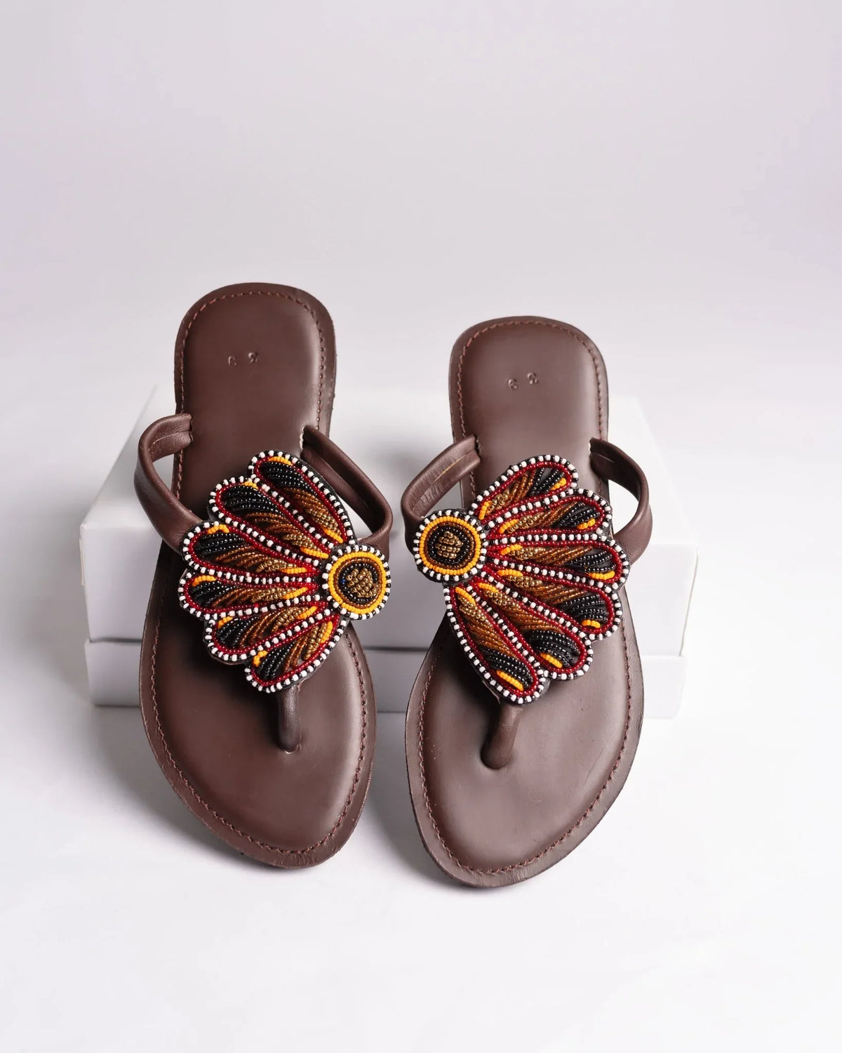 Hand-beaded Kenyan leather comfy slippers with Maasai beadwork, Ref 2002 — handcrafted in Kenya