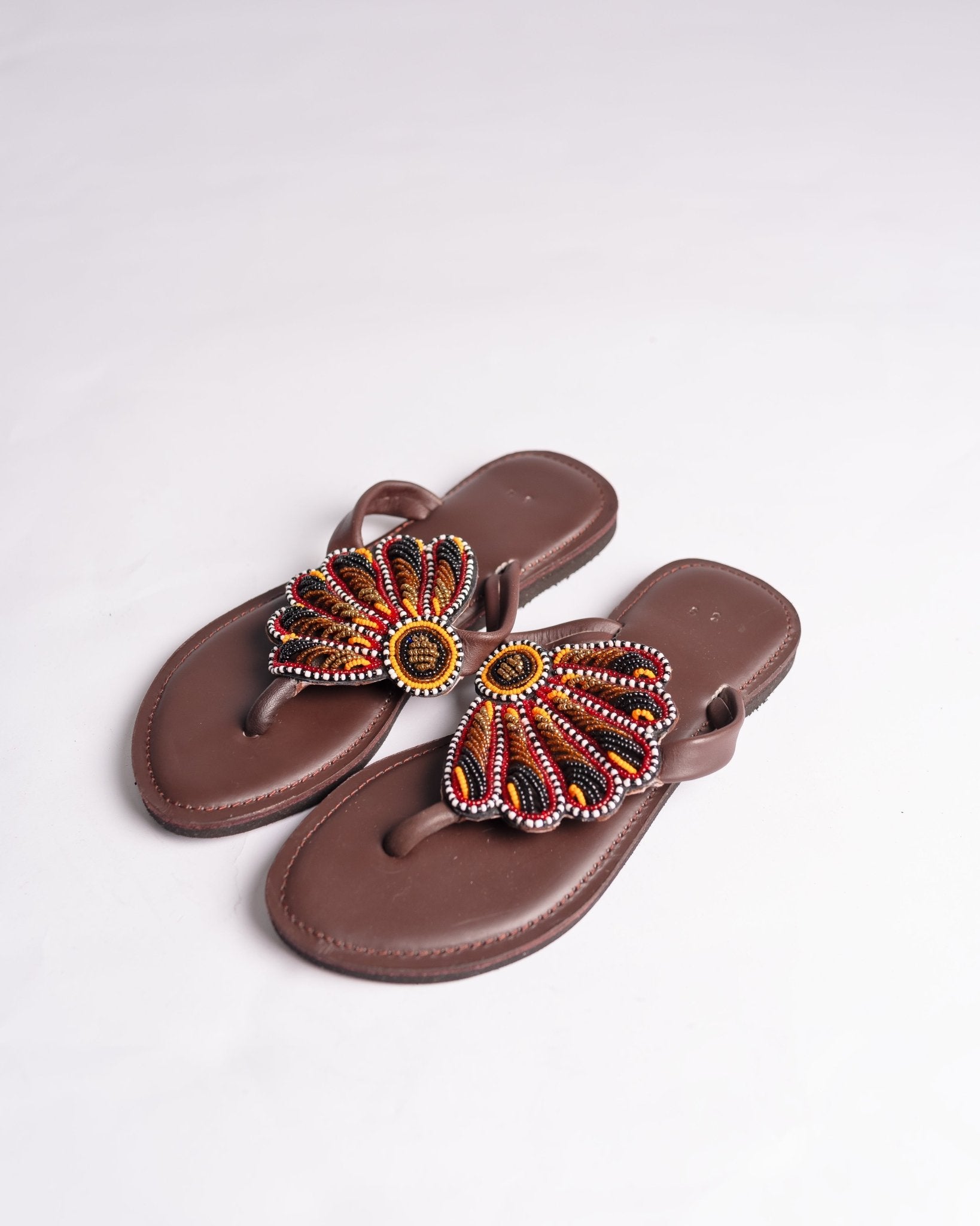 Hand-beaded Kenyan leather comfy slippers with Maasai beadwork, Ref 2002 — handcrafted in Kenya