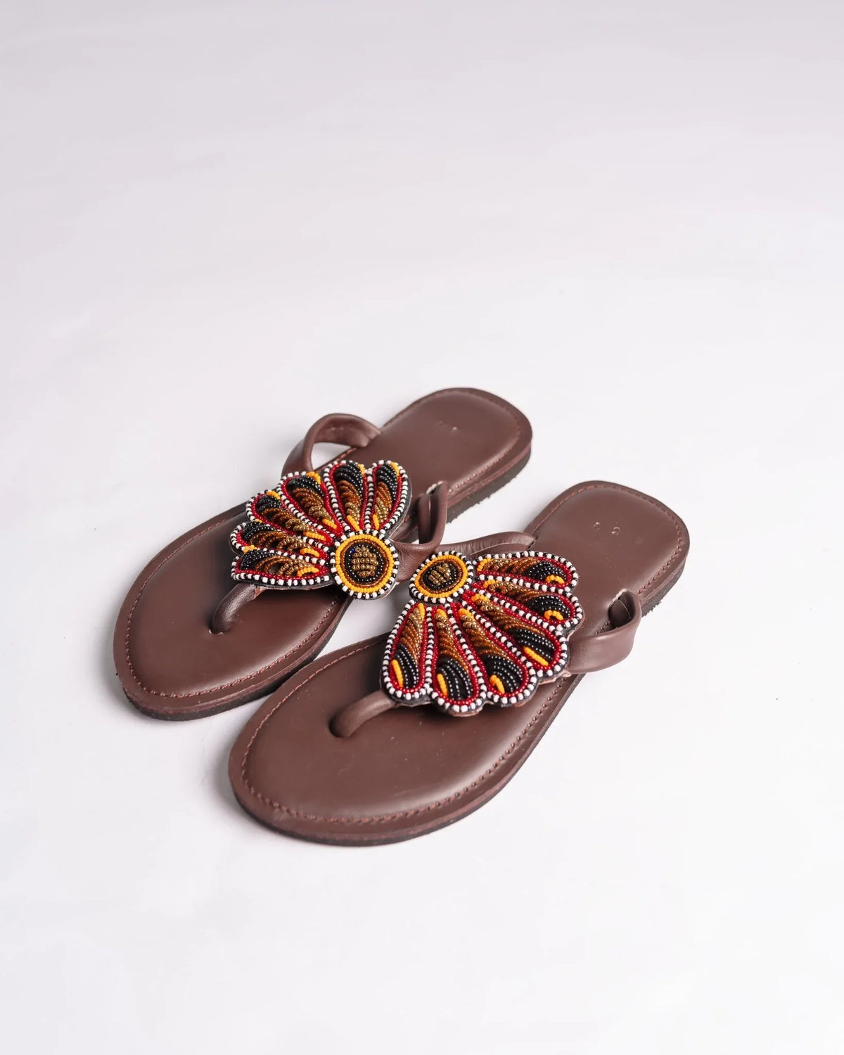 Hand-beaded Kenyan leather comfy slippers with Maasai beadwork, Ref 2002 — handcrafted in Kenya