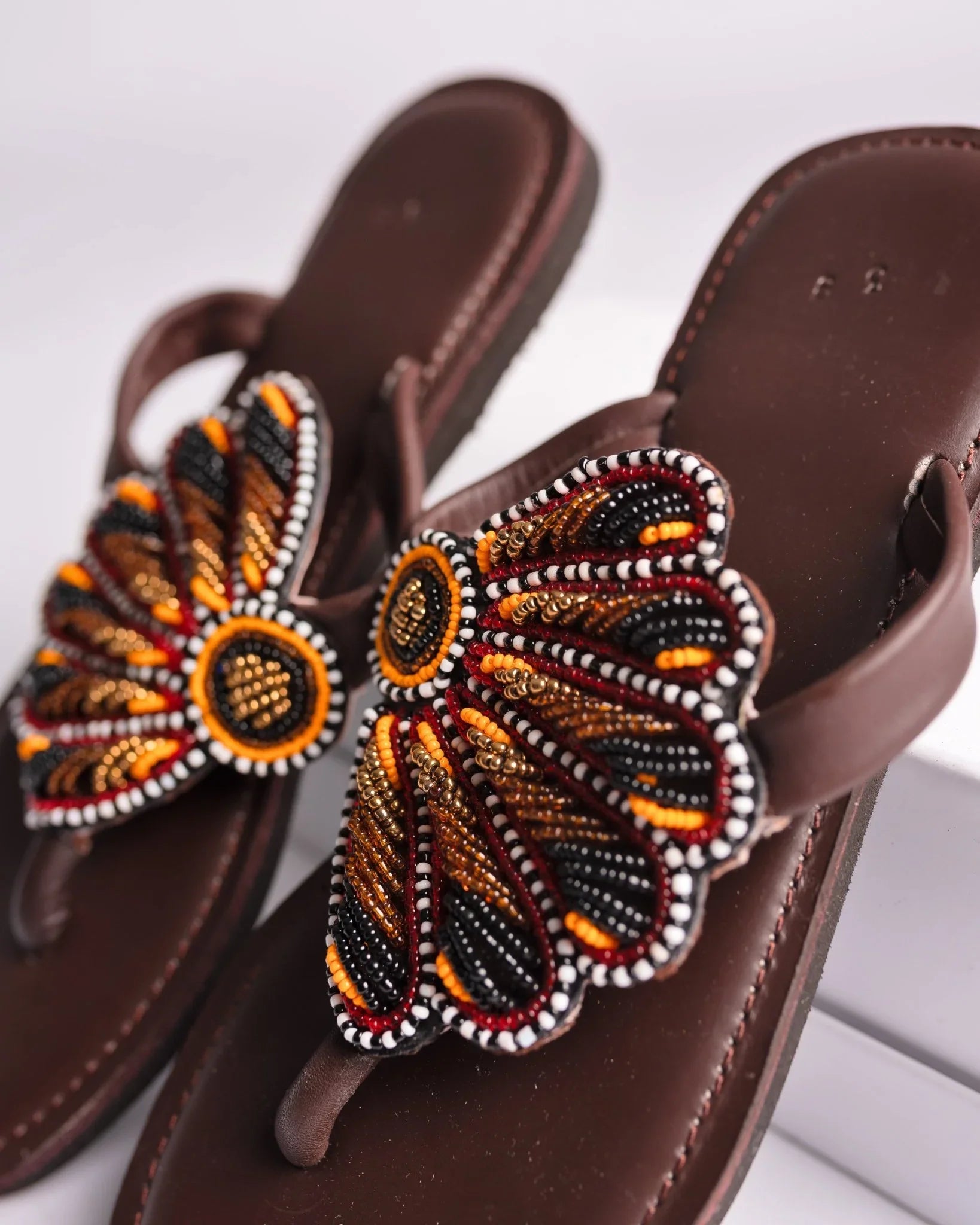 Hand-beaded Kenyan leather comfy slippers with Maasai beadwork, Ref 2002 — handcrafted in Kenya