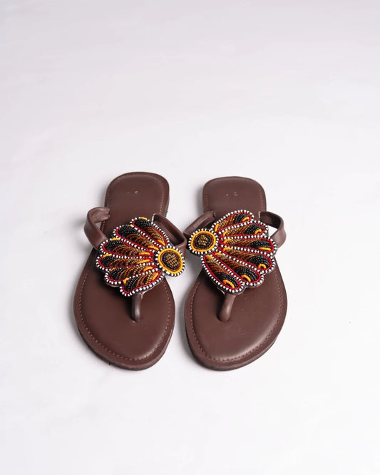 Hand-beaded Kenyan leather comfy slippers with Maasai beadwork, Ref 2002 — handcrafted in Kenya