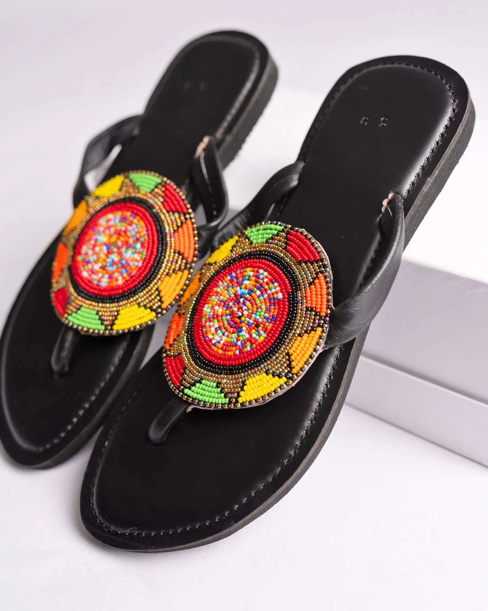 Hand-beaded Kenyan leather comfy slippers with Maasai beadwork, Ref 3005 — handcrafted in Kenya