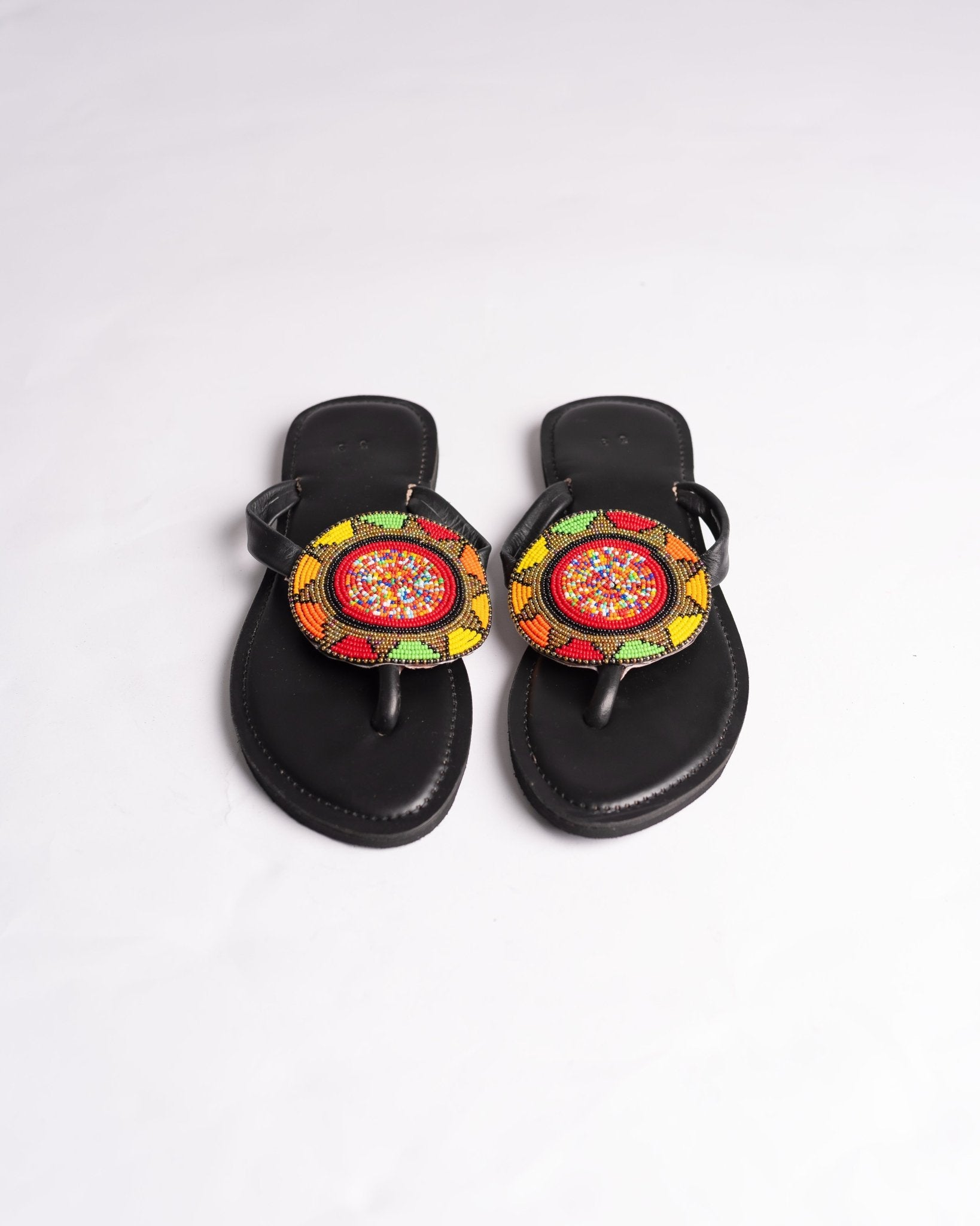 Hand-beaded Kenyan leather comfy slippers with Maasai beadwork, Ref 3005 — handcrafted in Kenya