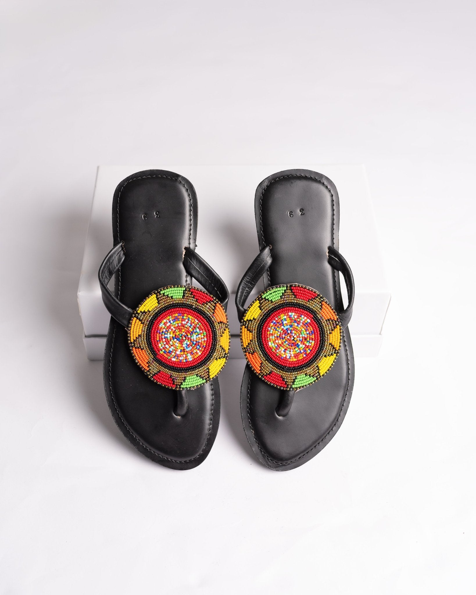 Hand-beaded Kenyan leather comfy slippers with Maasai beadwork, Ref 3005 — handcrafted in Kenya