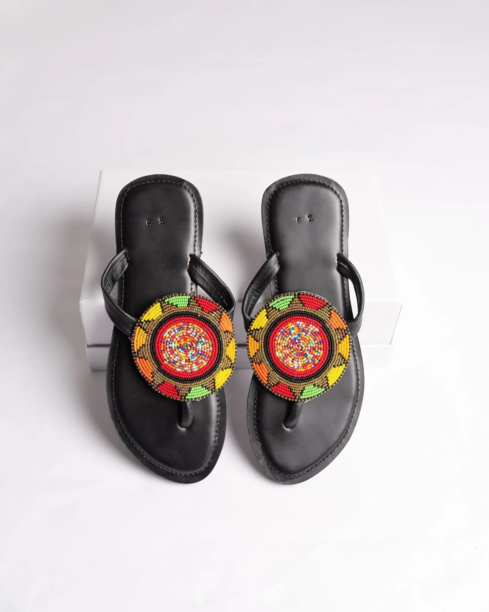 Hand-beaded Kenyan leather comfy slippers with Maasai beadwork, Ref 3005 — handcrafted in Kenya