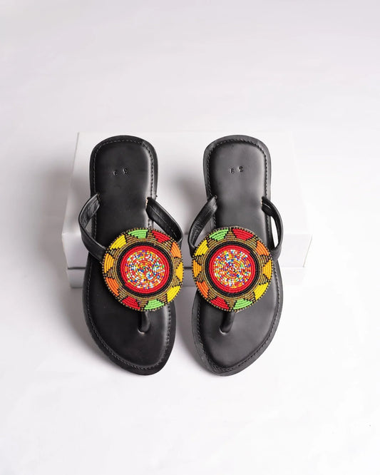 Hand-beaded Kenyan leather comfy slippers with Maasai beadwork, Ref 3005 — handcrafted in Kenya