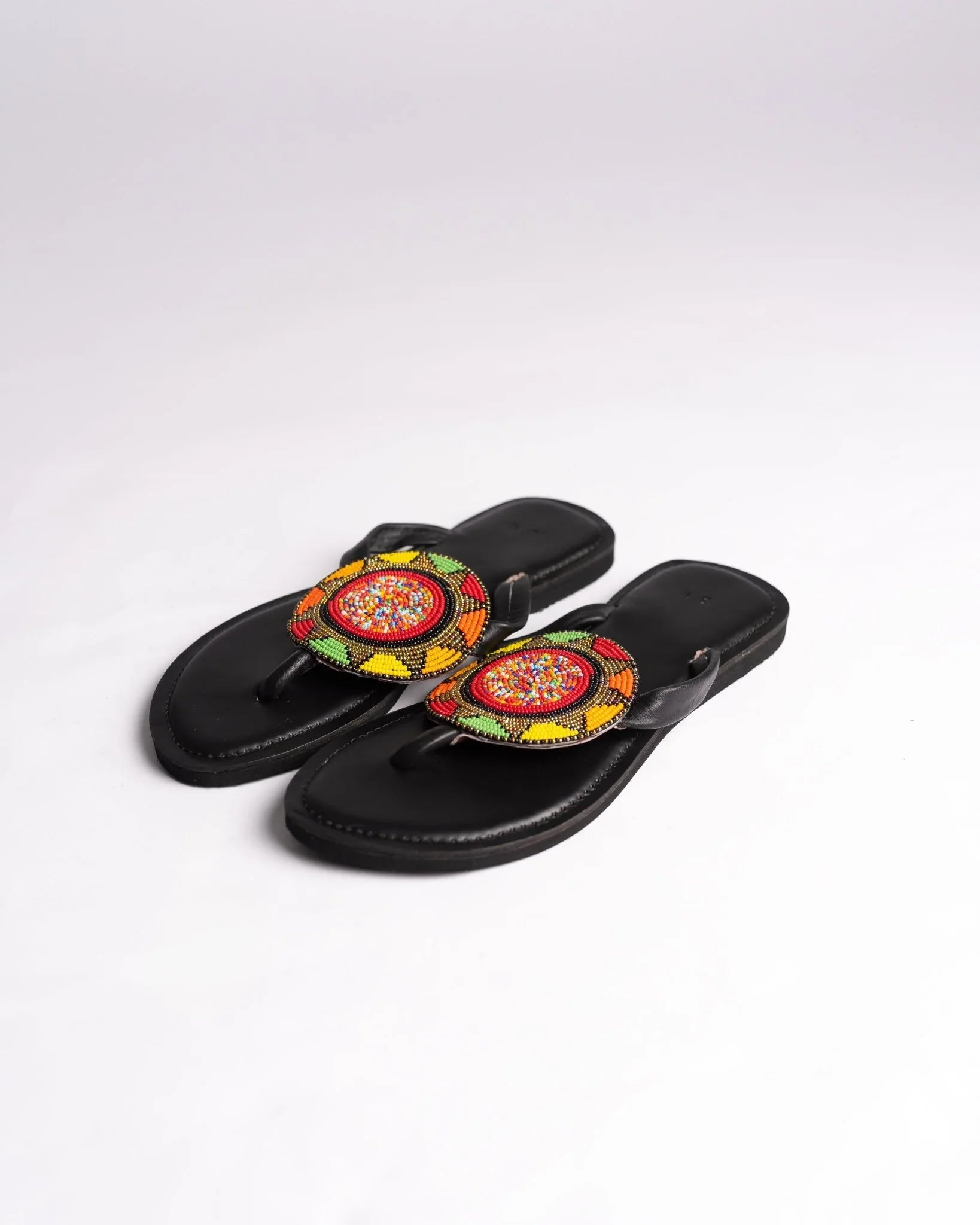 Hand-beaded Kenyan leather comfy slippers with Maasai beadwork, Ref 3005 — handcrafted in Kenya