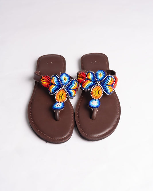 Hand-beaded Kenyan leather comfy slippers with Maasai beadwork, Ref 3006 — handcrafted in Kenya