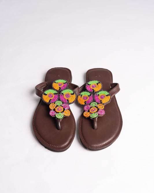 Hand-beaded Kenyan leather comfy slippers with Maasai beadwork, Ref 3009 — handcrafted in Kenya