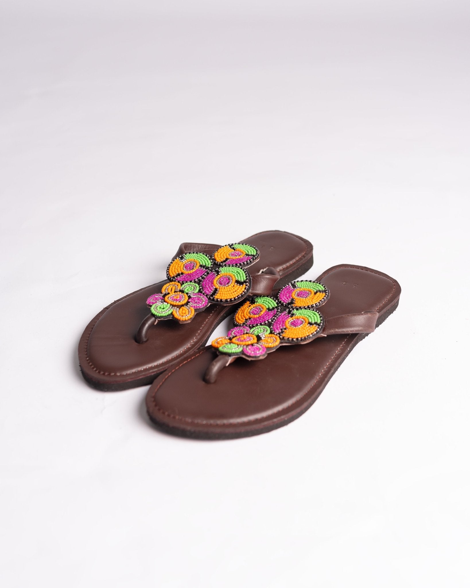 Hand-beaded Kenyan leather comfy slippers with Maasai beadwork, Ref 3009 — handcrafted in Kenya