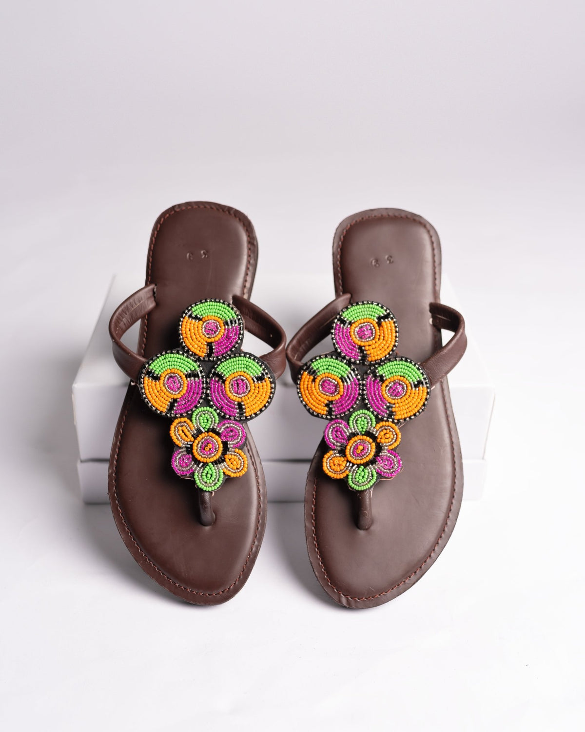 Hand-beaded Kenyan leather comfy slippers with Maasai beadwork, Ref 3009 — handcrafted in Kenya