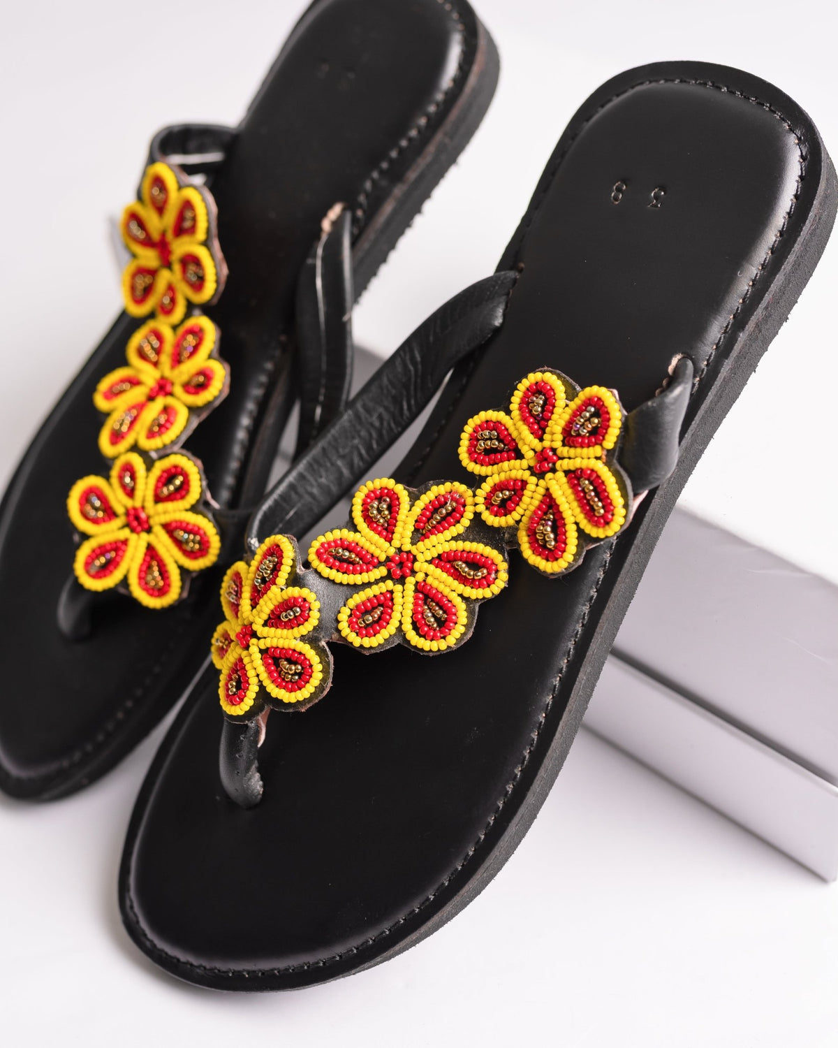 Hand-beaded Kenyan leather comfy slippers with Maasai beadwork, Ref 3017 — handcrafted in Kenya