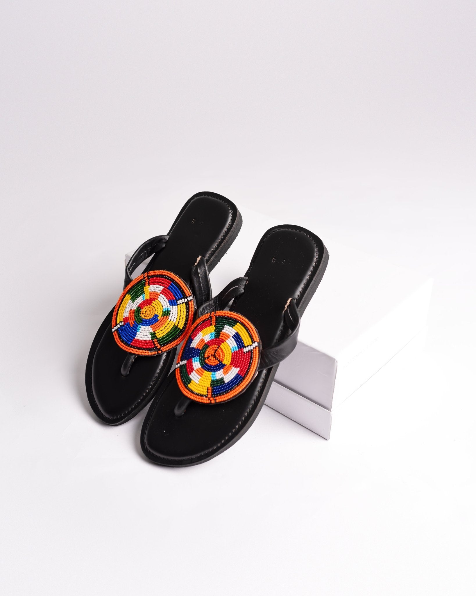Hand-beaded Kenyan leather comfy slippers with Maasai beadwork, Ref 3092 — handcrafted in Kenya