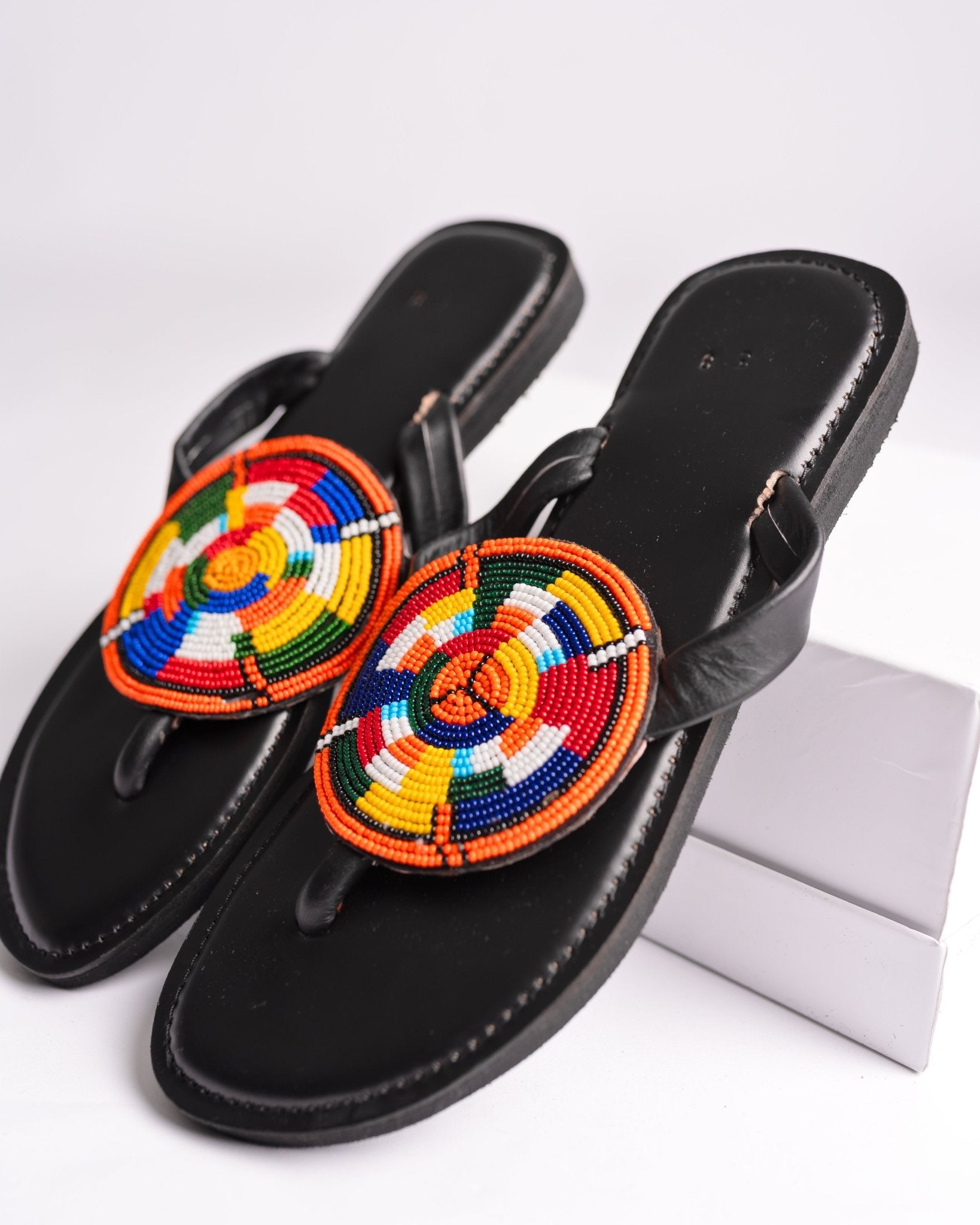 Hand-beaded Kenyan leather comfy slippers with Maasai beadwork, Ref 3092 — handcrafted in Kenya